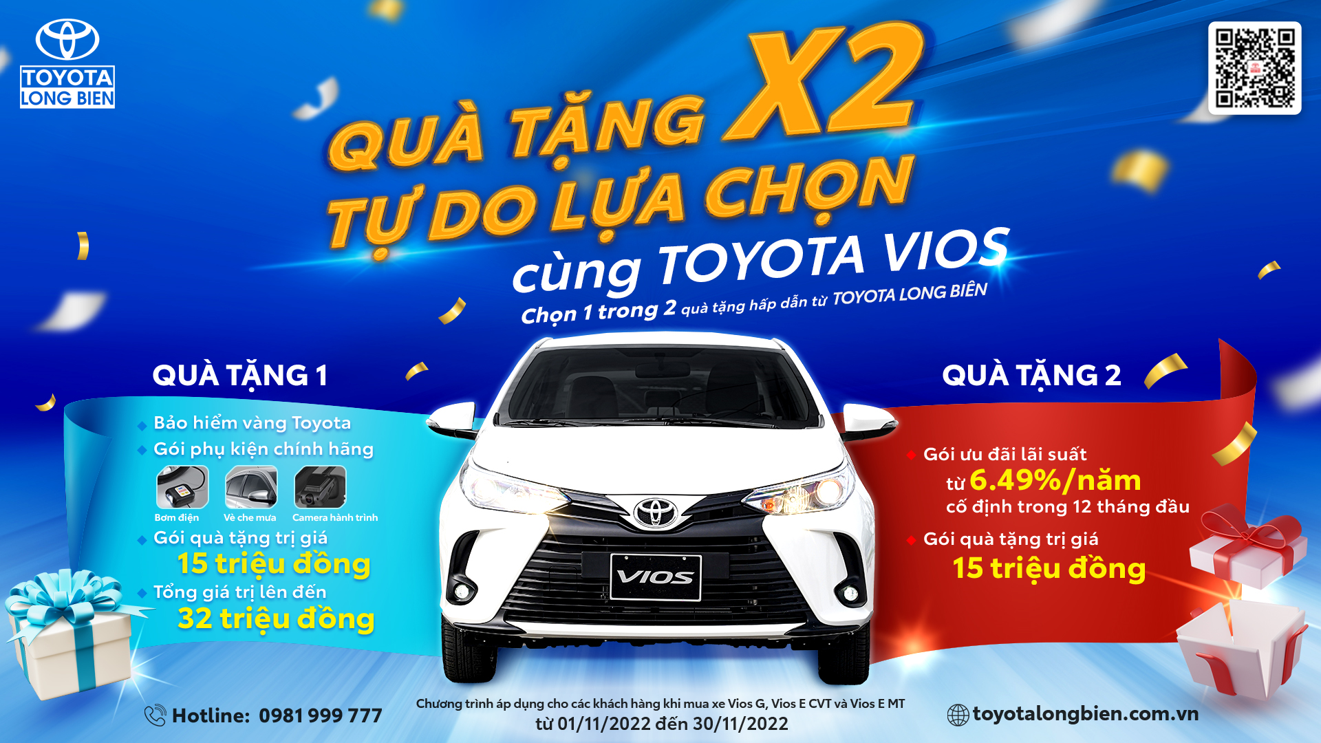 “Quà tặng X2 - Tự do lựa chọn cùng Toyota Vios” tháng 11/2022
