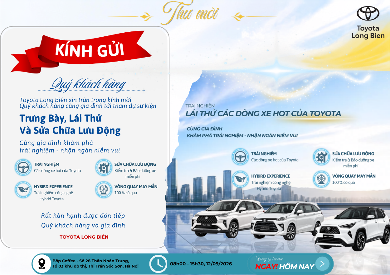 THƯ MỜI THAM DỰ SỰ KIỆN LÁI THỬ XE TOYOTA TẠI SÓC SƠN