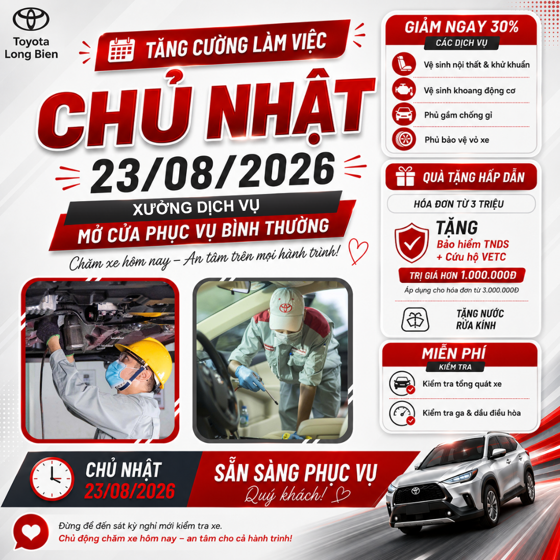 Toyota Long Biên làm việc tăng cường Chủ nhật 23/08 – Chủ động chăm xe, an tâm hành trình
