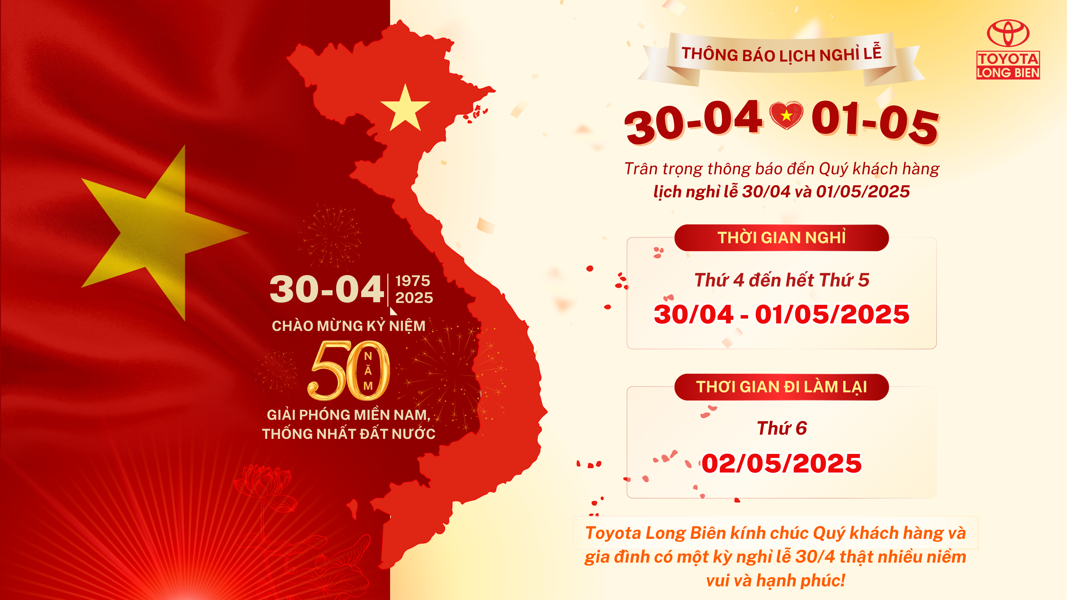 TOYOTA LONG BIÊN THÔNG BÁO NGHỈ LỄ 30/4 & 1/5/2025